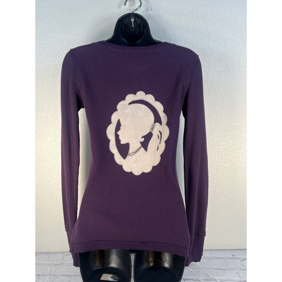 vtg y2k Twisted Heart purple silk patch rhinestone cotton waffle knit top sz S - Picture 6 of 7